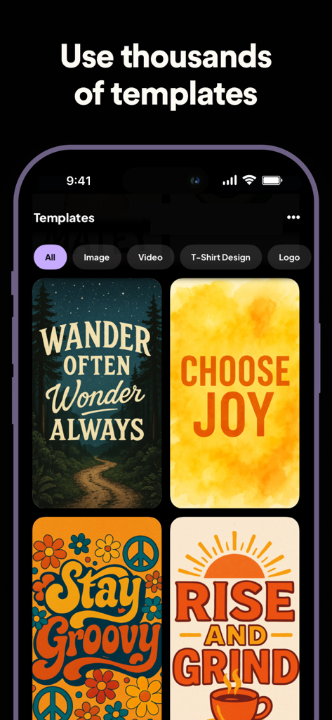 AI Canvas - AI Image Generator - Mobile app screen showing a collection of AI generated graphic design templates for posters and apparel