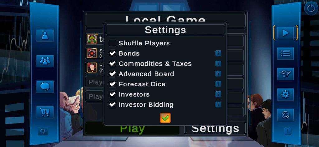 Stockpile Game - Menu de configurações de jogo local no Jogo Stockpile mostrando módulos de expansão como Títulos e Dados de Previsão