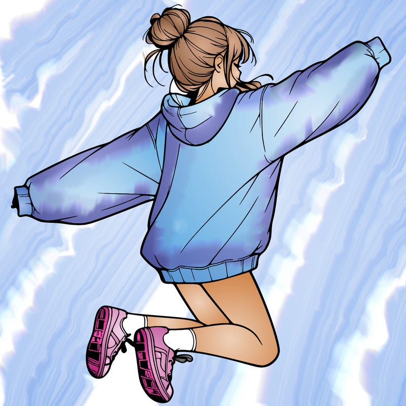 realistic girl jumping with a bun and oversized sweatshirt