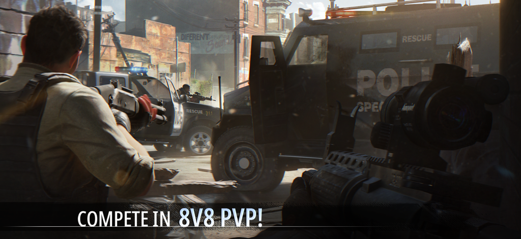 Special Forces Group 3 - A tactical first-person shooter scene from Special Forces Group 3 showing 8v8 PvP combat in an urban setting