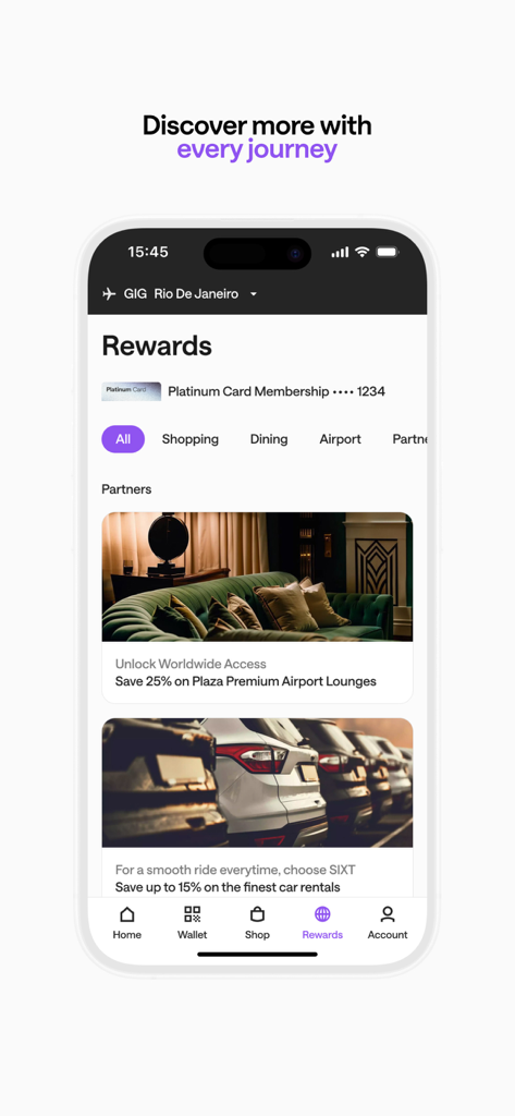 Club Avolta mobile app rewards screen showing platinum membership benefits including airport lounge and car rental discounts