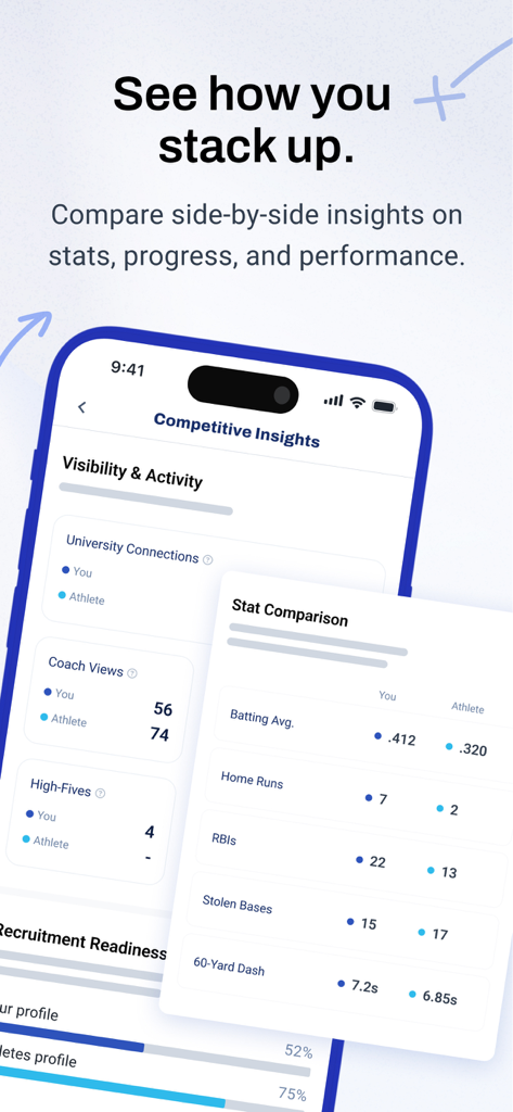 ASM Sports - ASM Sports app screen showing side by side athlete stat comparison and recruitment insights
