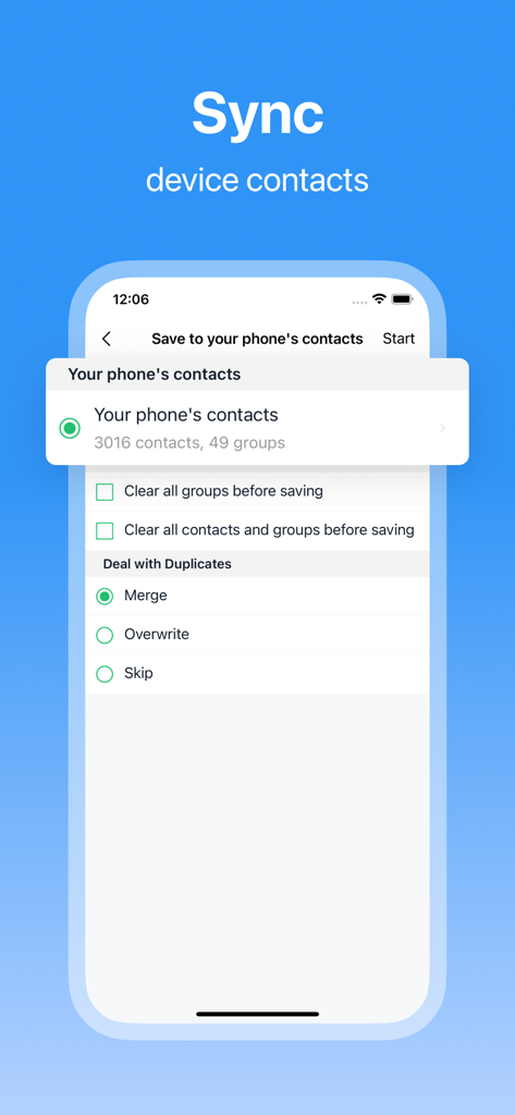 장치 연락처 동기화 및 중복 병합 옵션을 보여주는 SA Contacts Lite 앱 인터페이스