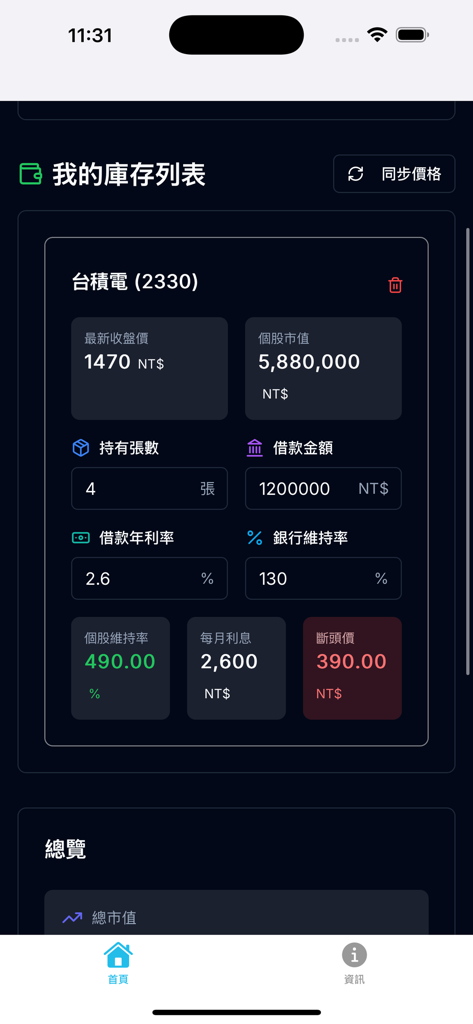 質押計算機 - Stock pledge calculator app interface displaying maintenance ratio and loan details for TSMC stock