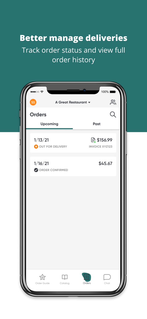 Superstock Food Services - Superstock Food Services app screen showing upcoming restaurant delivery orders and tracking status