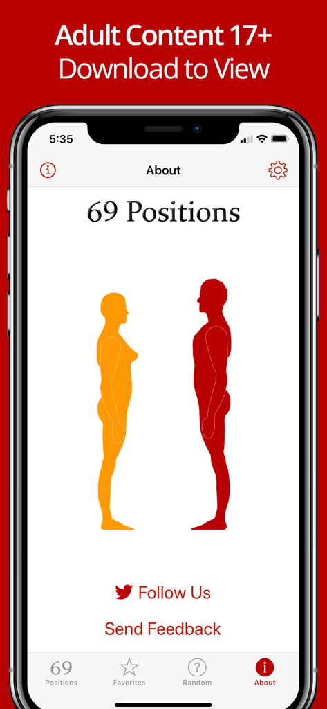 69 Positions Pro for Kamasutra - About screen of the 69 Positions Pro app showing a stylized couple illustration and menu options