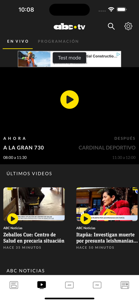 Tela do aplicativo ABC Color exibindo programação de TV ao vivo e clipes de notícias recentes do Paraguai.