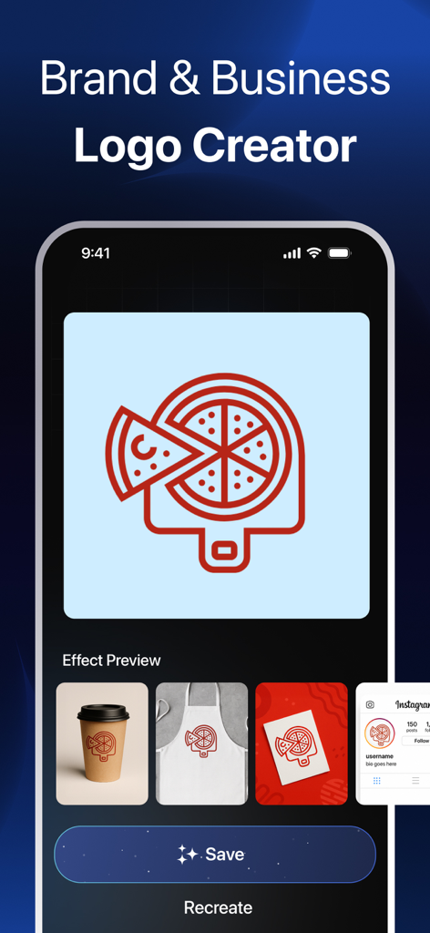 AI Logo Maker - MeLogo - App screen showing a red pizza logo design with mockups on a coffee cup and apron