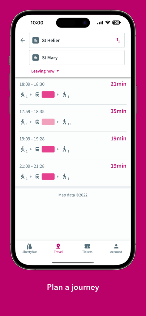 LibertyBus - LibertyBus 모바일 앱 인터페이스에 세인트 헬리어에서 세인트 메리로 여정을 계획하는 화면