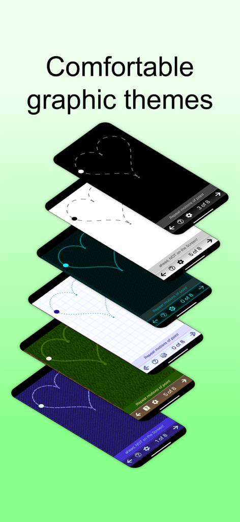 Eyes + Vision: training & care - Una pila de pantallas de smartphone que muestran diferentes temas coloridos para los ejercicios de entrenamiento ocular