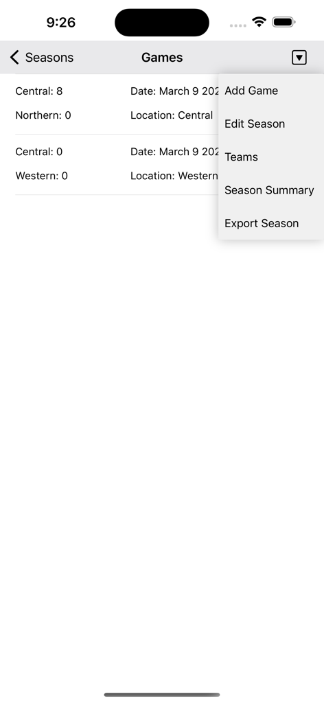 Basketball Analytics - 농구 분석 앱에 경기 목록과 시즌 관리 메뉴가 표시됩니다