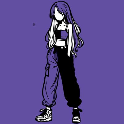 girl in baggy pants crop top and long hair