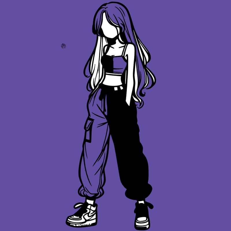girl in baggy pants crop top and long hair