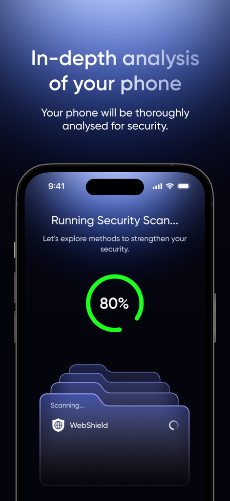 Safy·Ai Virus Protection - An iPhone screen showing the Safy AI app performing an in depth security scan at 80 percent completion.