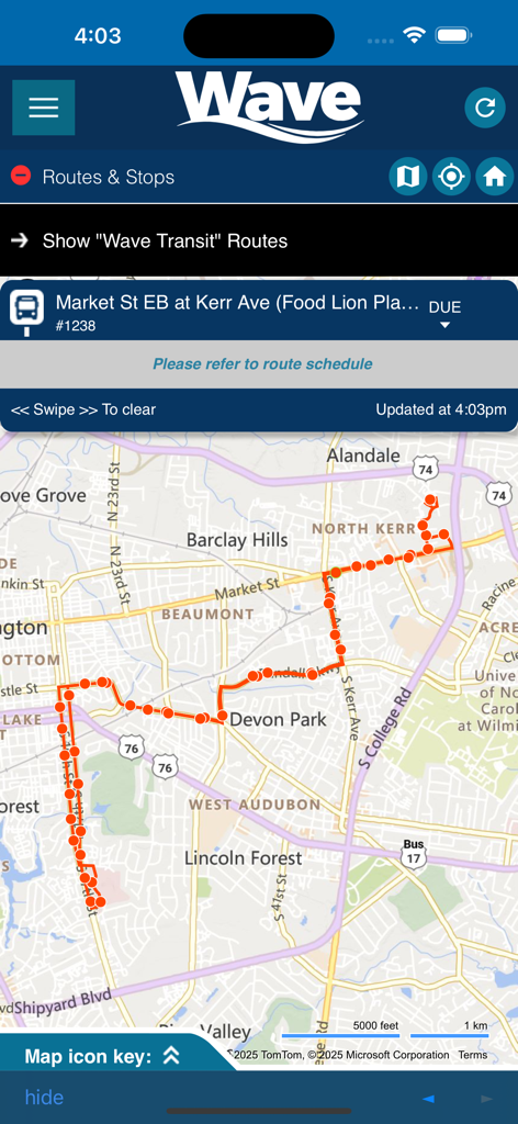 Wave Transit - Wilmington - Wave Transit app displaying real-time bus route and stop information on a map of Wilmington