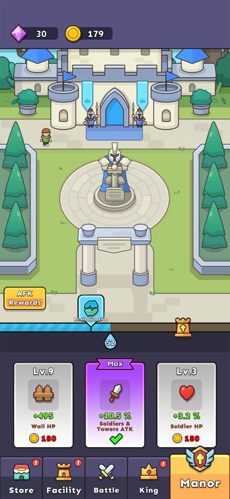 Fort Guardian game manor screen with castle and soldier upgrades