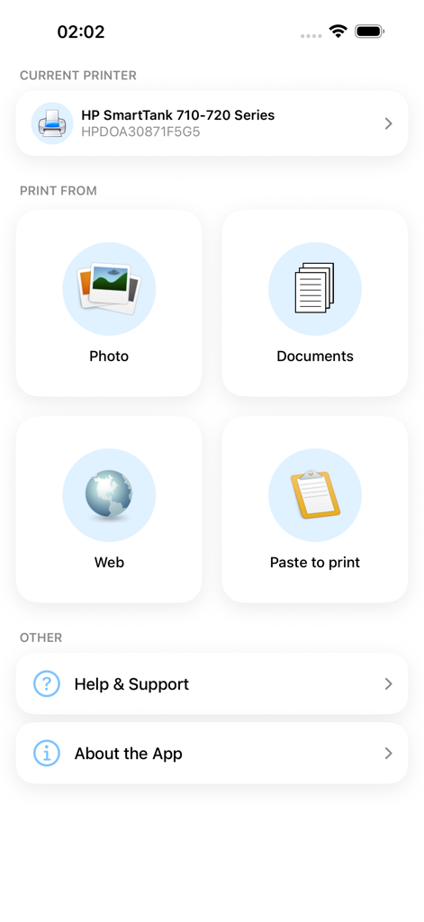 Main interface of PrinterShare app showing options to print photos, documents, and web pages with an HP printer selected.