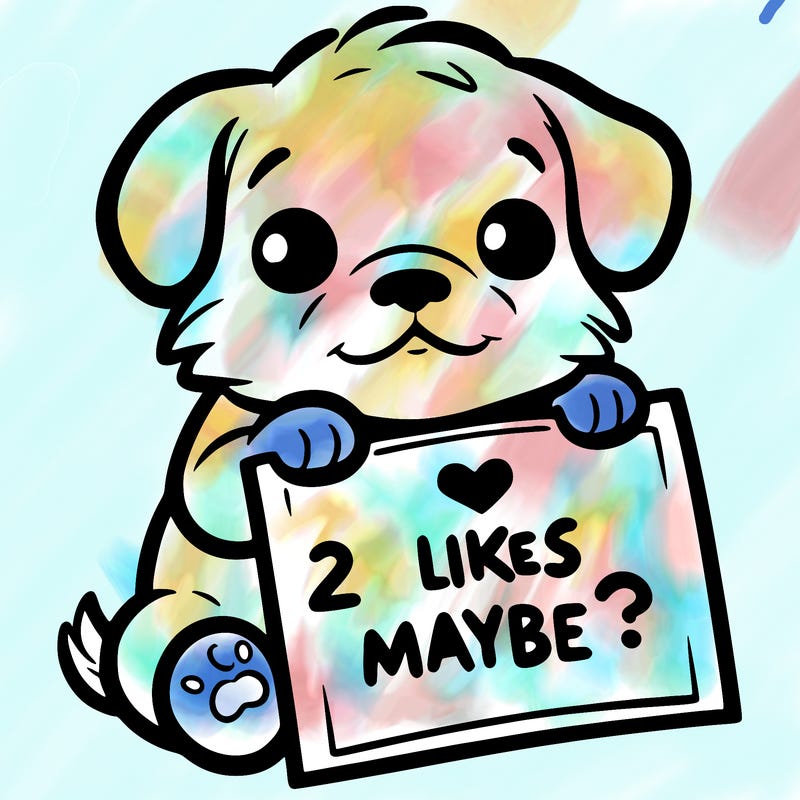 a puppy holding a sign that says 2 likes maybe?