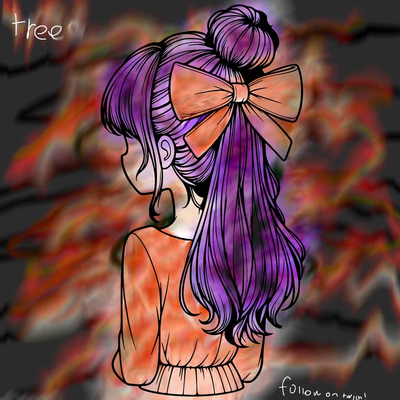 realistic girl  with hip length hair a bun and a big bow on the back of head