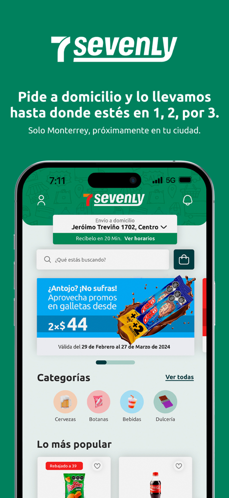Sevenly mobile app home screen showing delivery options promotional banners and product categories for snacks and drinks