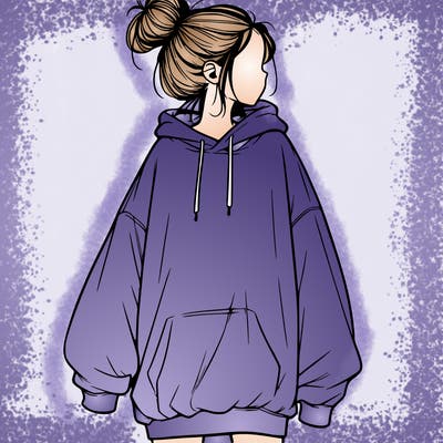 realistic girl with a oversized sweatshirt on and a bun