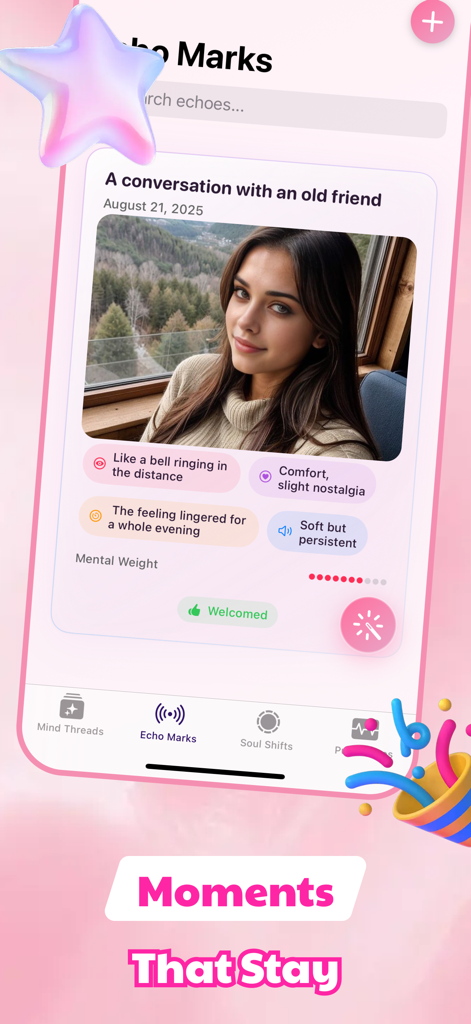 Camchat Echo - Uno screenshot dell'app Camchat Echo che mostra la schermata Echo Marks con una voce di diario multimediale con foto e tag di sentimenti emotivi.