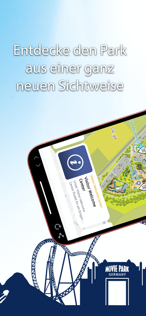Movie Park Germany - Mappa interattiva del parco all'interno dell'app mobile Movie Park Germany che evidenzia il centro visitatori.
