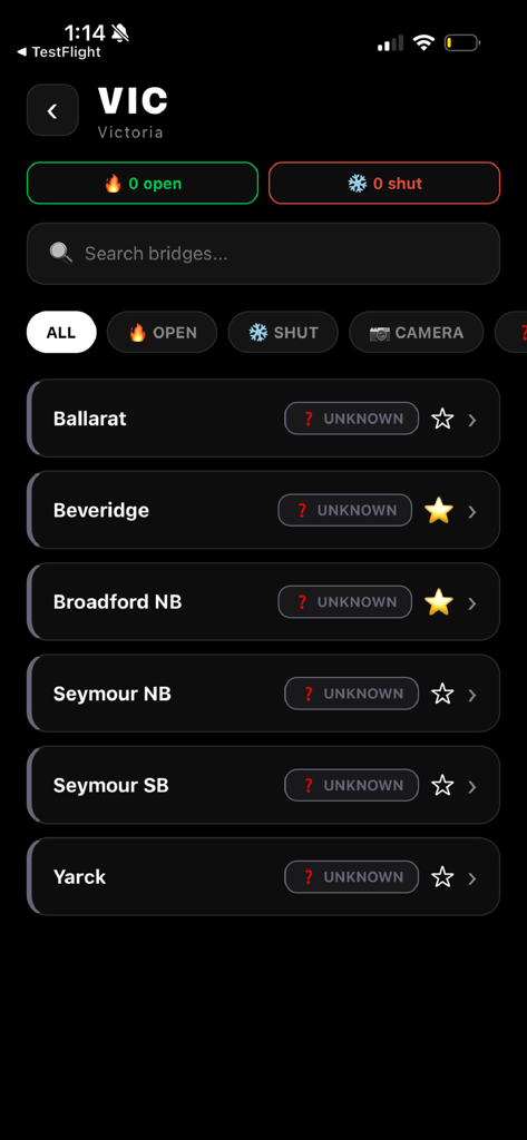 Yeah Copy - Interface do aplicativo Yeah Copy mostrando uma lista de locais de balanças em Victoria, Austrália