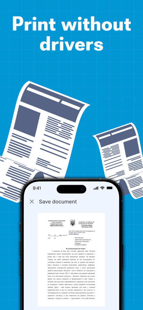 iPhone displaying the Printer Pro app interface for printing documents without drivers.