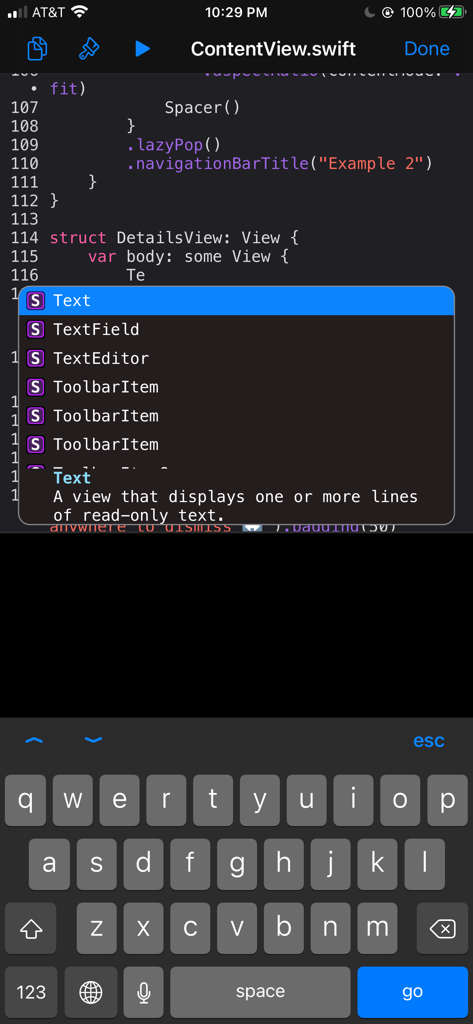 App Maker Professional - Interface d'éditeur de code Swift avec suggestions d'autocomplétion pour SwiftUI sur un appareil mobile