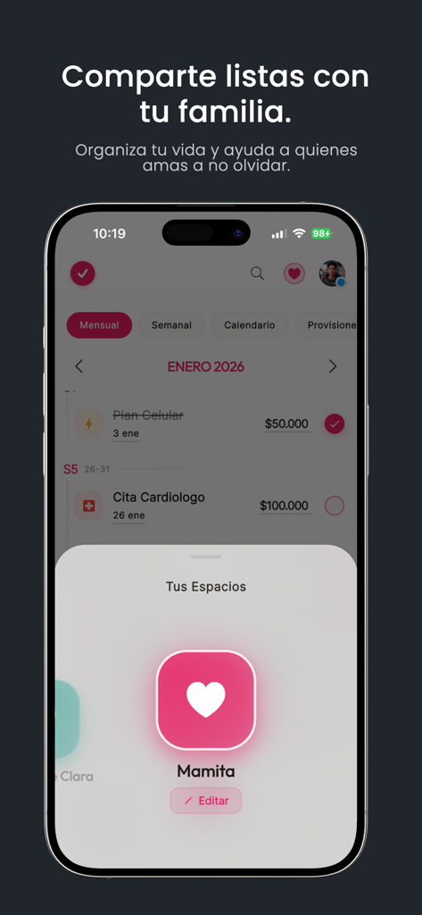 NoSeMePasa: Planeador de Pagos - Smartphone zeigt die Funktion der NoSeMePasa App zum Teilen von Zahlungslisten und Aufgaben mit Familienmitgliedern
