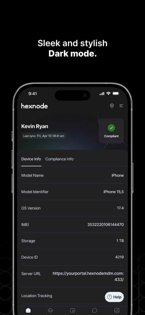 Hexnode UEM app interface in dark mode displaying device information and compliance status.