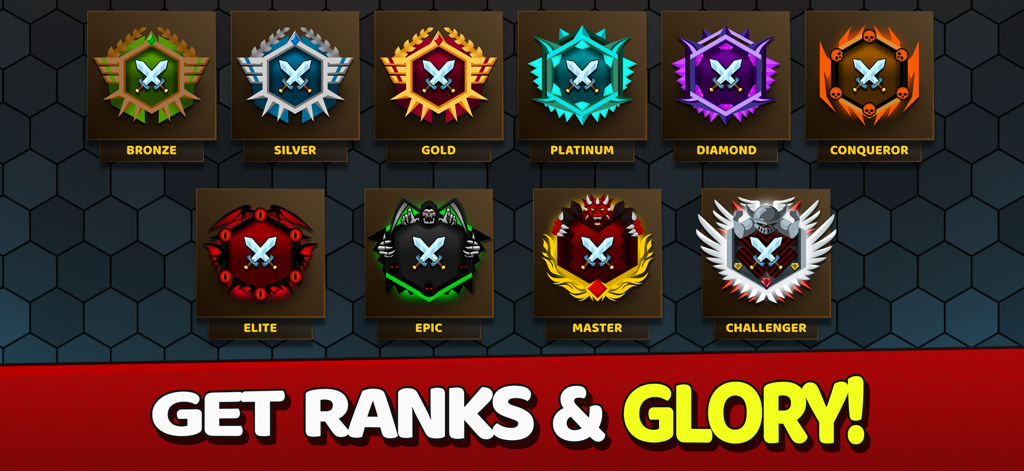 A display of competitive game ranks from Bronze to Challenger in EvoWars.io.