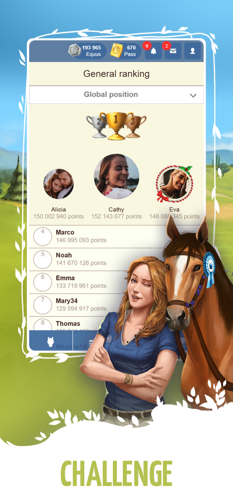 Howrse - General ranking leaderboard in the Howrse mobile app showing top players and their scores