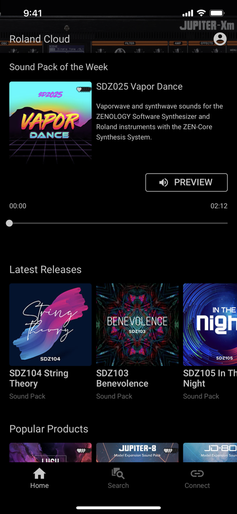Roland Cloud Connectアプリのインターフェースに、サウンドパックと最新リリースが表示されています