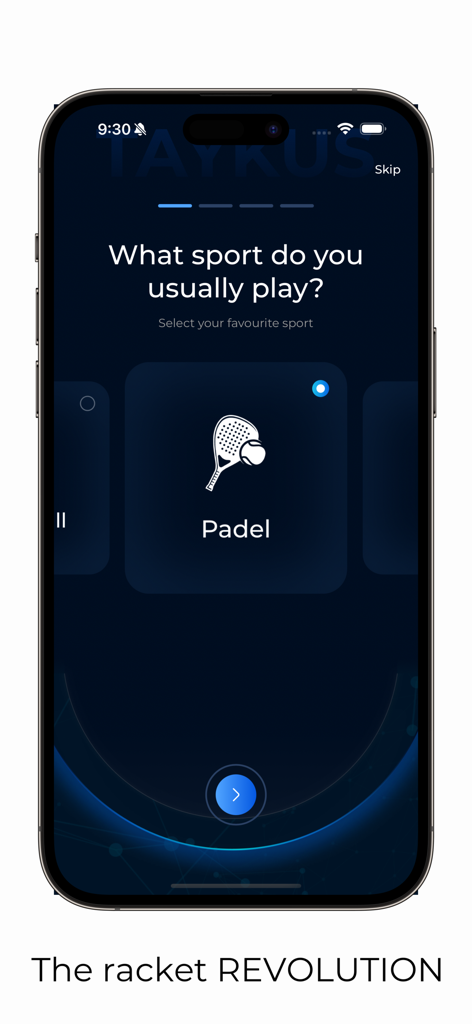 Taykus - Padel, tennis & more - Taykus app onboarding screen asking users to select their favorite racquet sport like Padel