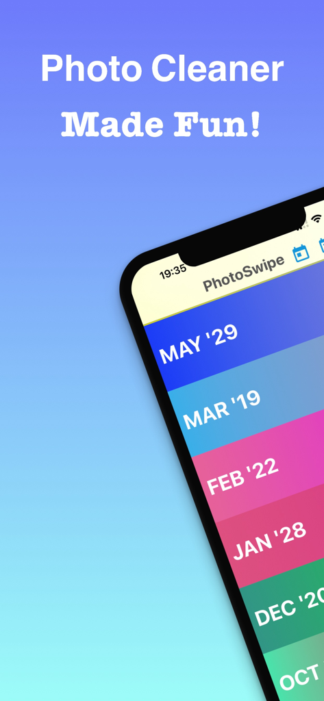 Photoswipe : Photo Cleaner - iPhone screen showing Photoswipe app interface with photo folders organized by month and year in a colorful list