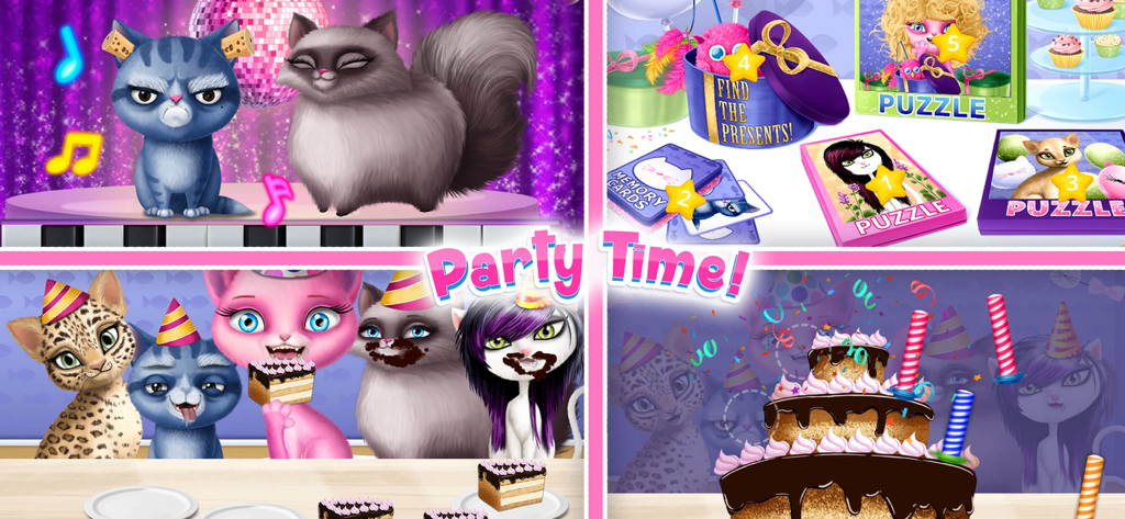 Cat Hair Salon Birthday Party - Gatos virtuales celebrando una fiesta de cumpleaños con pastel, música y rompecabezas