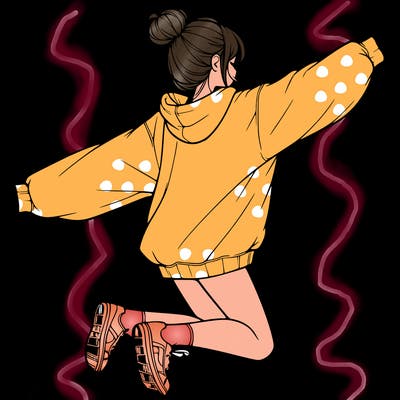 realistic girl jumping with a bun and oversized sweatshirt