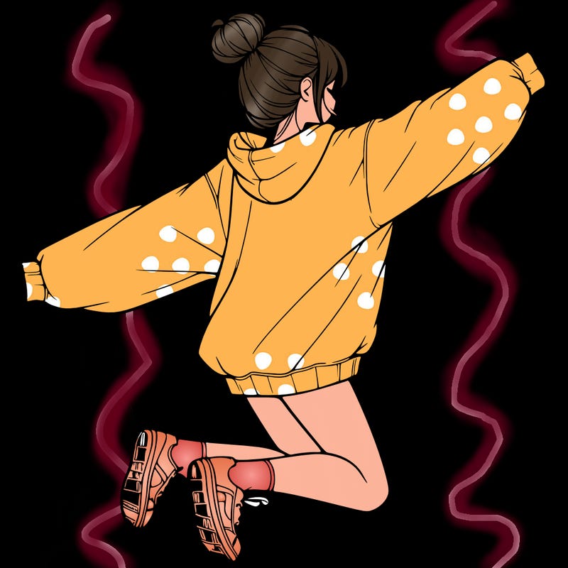 realistic girl jumping with a bun and oversized sweatshirt