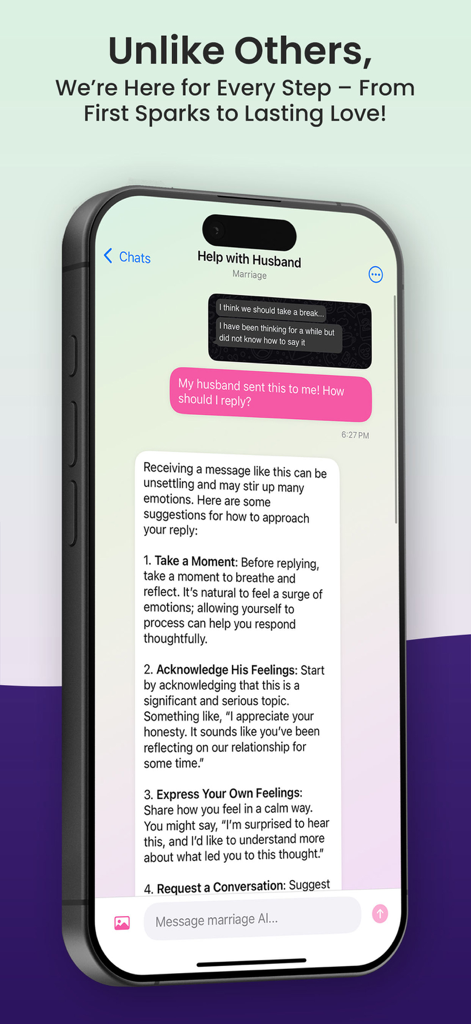 Affinity AI - Affinity AI relationship coach interface providing structured advice on how to respond to a difficult marriage text