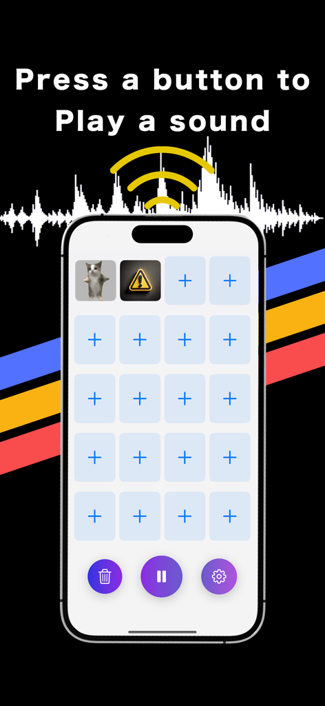 MemeMaker app screen showing a grid of sound trigger buttons including a cat and a warning sign icon