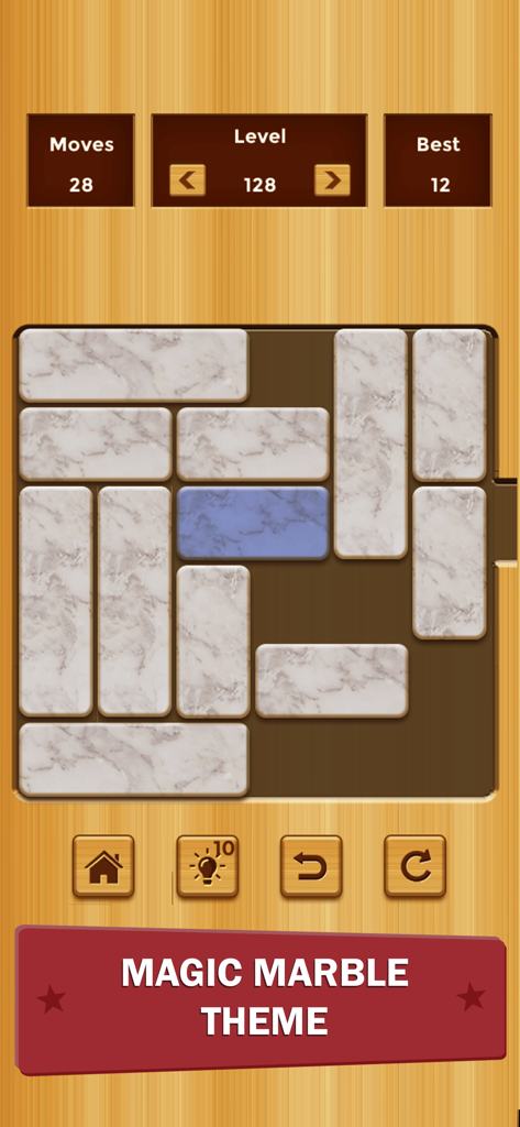 Unlock me unblock puzzle game screen featuring the magic marble block theme on a wooden background