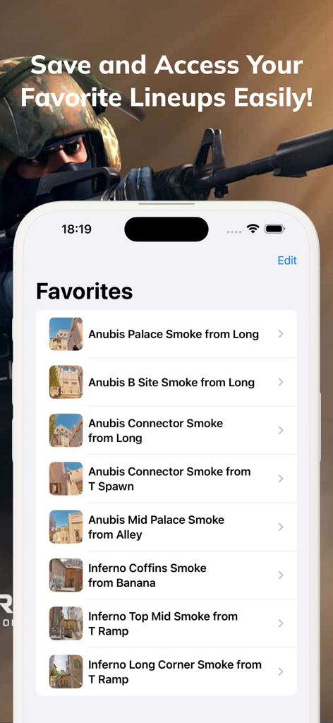 CS2, CS:GO Smoke Nades Guide - A mobile interface from the CS2 Smoke Nades Guide showing a list of saved favorite smoke lineups for maps like Anubis and Inferno.