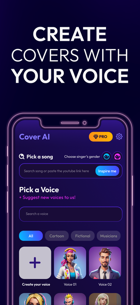 Interfaz de la aplicación Cover AI que muestra opciones para elegir una canción y seleccionar una voz para crear un cover personalizado con IA