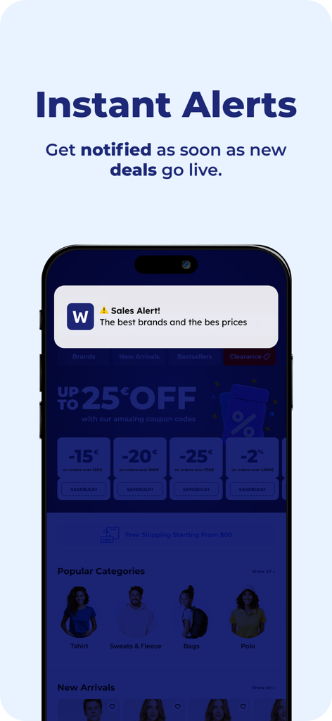 새로운 도매 거래 및 할인에 대한 즉시 판매 알림을 보여주는 Wordans 앱의 스마트폰 화면