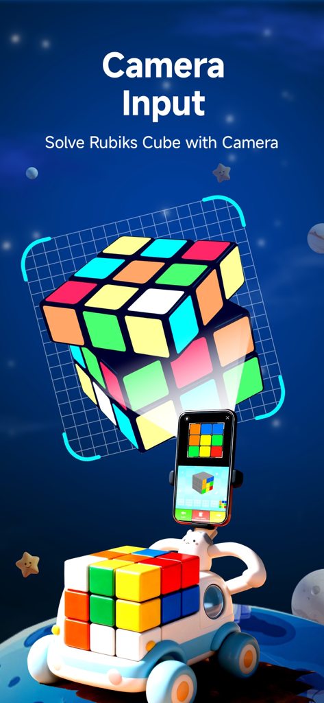 Cube Solver - 3D Cube Timer - A mobile phone using the camera input to scan and solve a 3D Rubik's cube in the Cube Solver app.