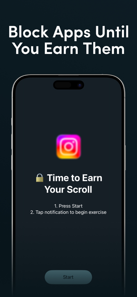 Smartphone screen showing the PushBlock app blocking Instagram with a requirement to complete pushups to unlock access.