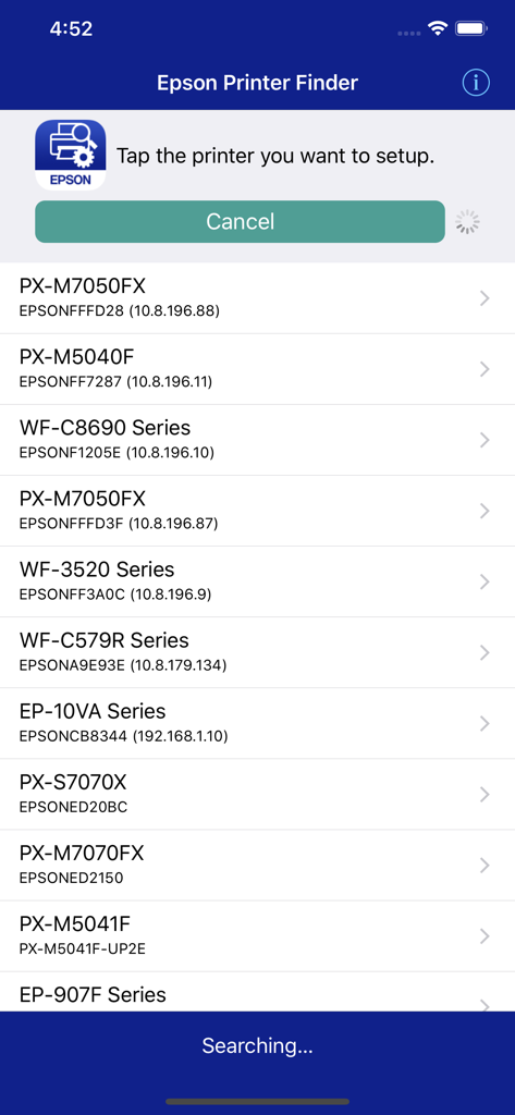 Epson Printer Finder - A list of discovered Epson printers in the Epson Printer Finder app on an iPhone