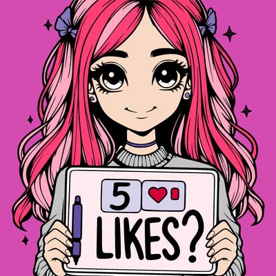 a realistic girl holding a sign that says "5 likes?"